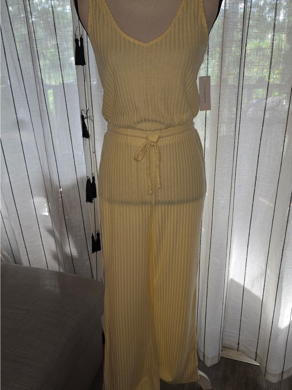 Sleeveless Ribbed Drawstring Jumpsuit in Soft Yellow